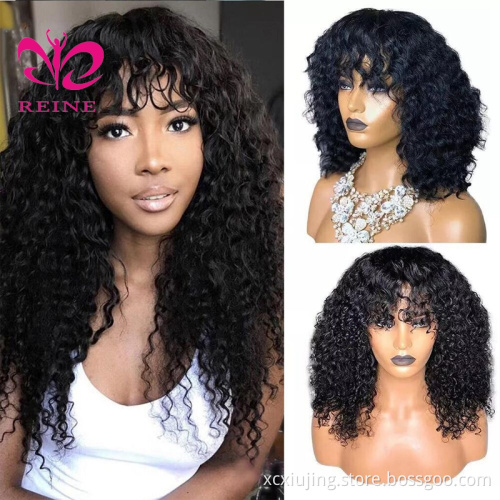 Curly Human Hair Wigs For Black Women Brazilian Remy Hair Fringe  Wig With Bangs Pre Plucked 8"-24"Inches Natural Black